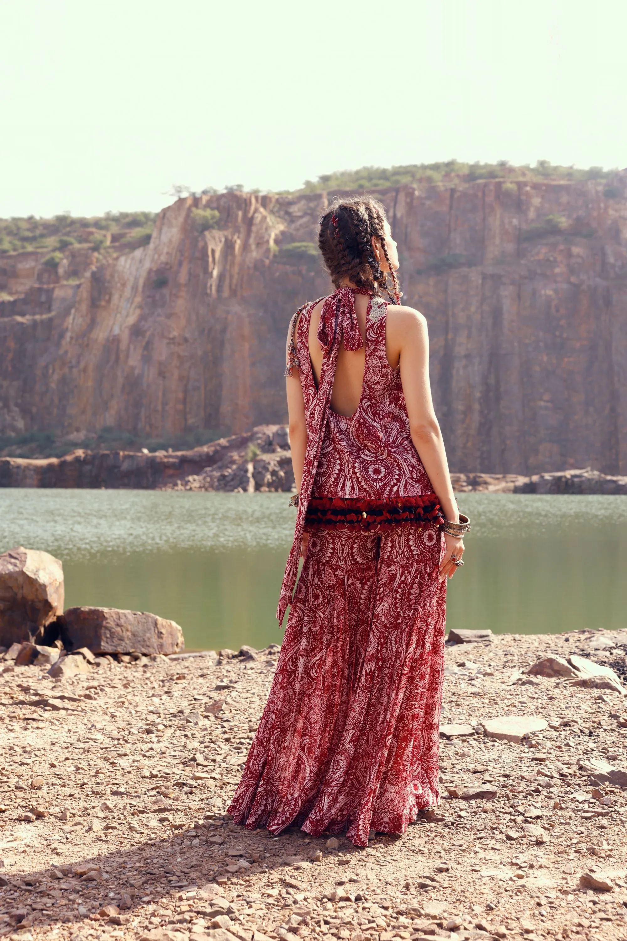 Red Geo Floral Embroidered Taseled Top & Sharara Pants