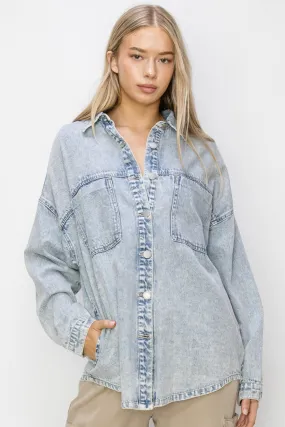 RISEN Button Up Long Sleeve Shacket in Light Acid Wash