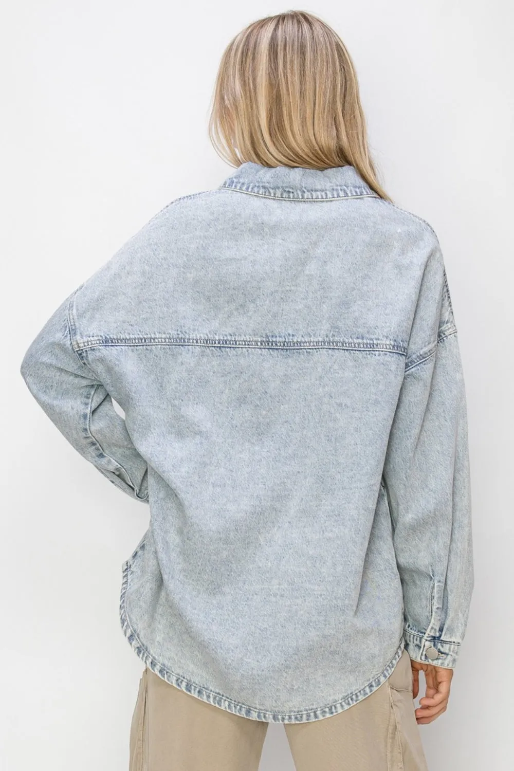 RISEN Button Up Long Sleeve Shacket in Light Acid Wash