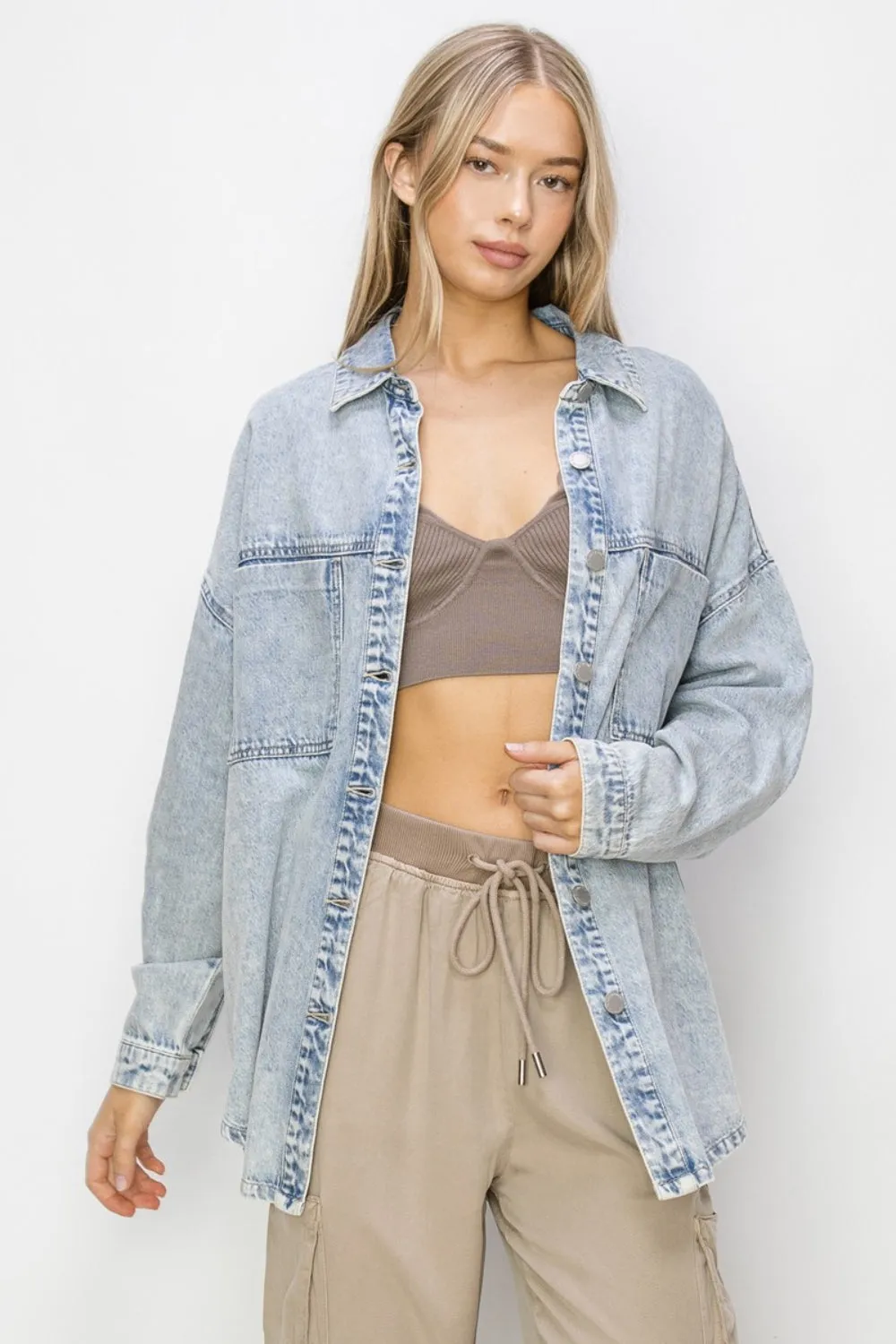 RISEN Button Up Long Sleeve Shacket in Light Acid Wash