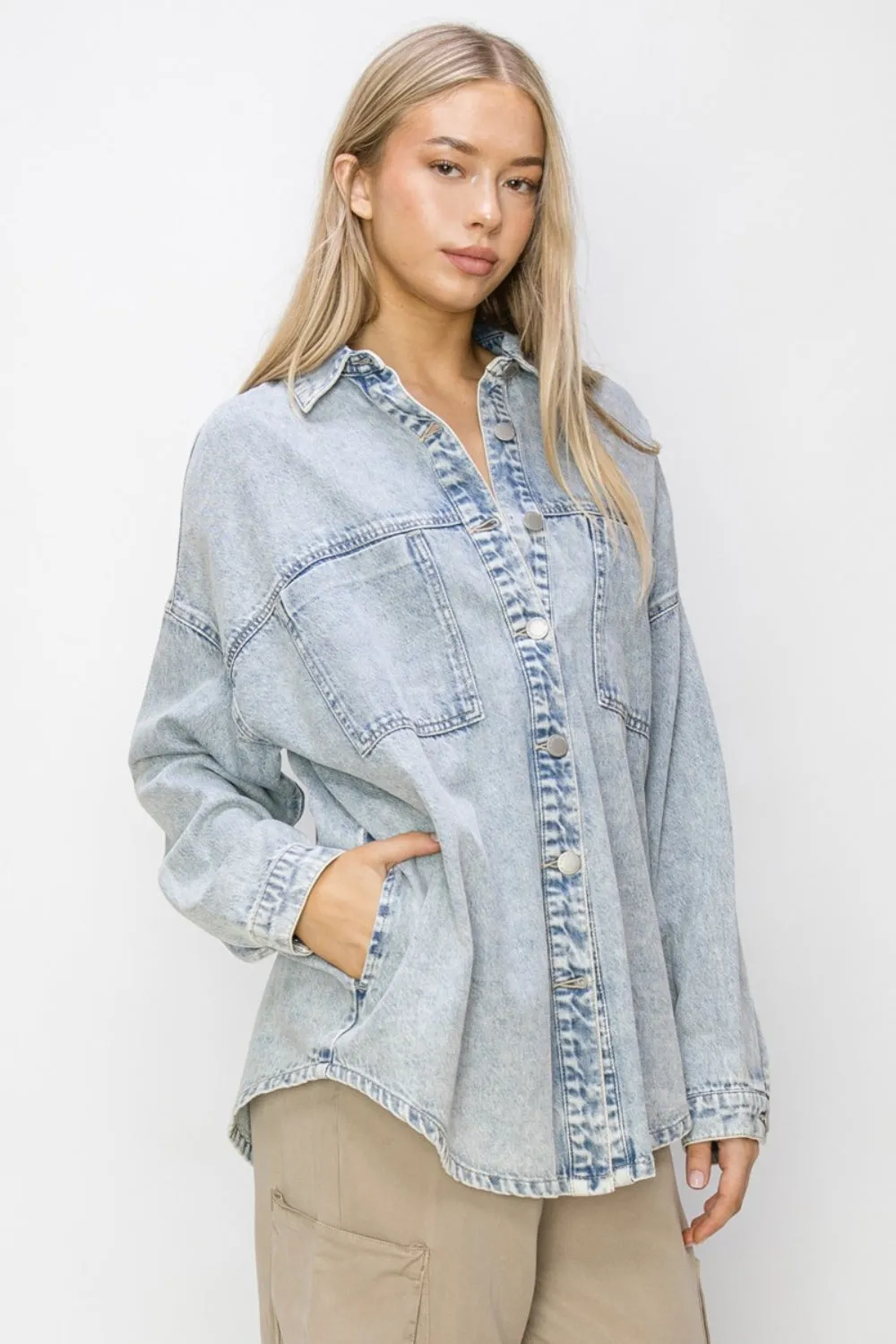 RISEN Button Up Long Sleeve Shacket in Light Acid Wash