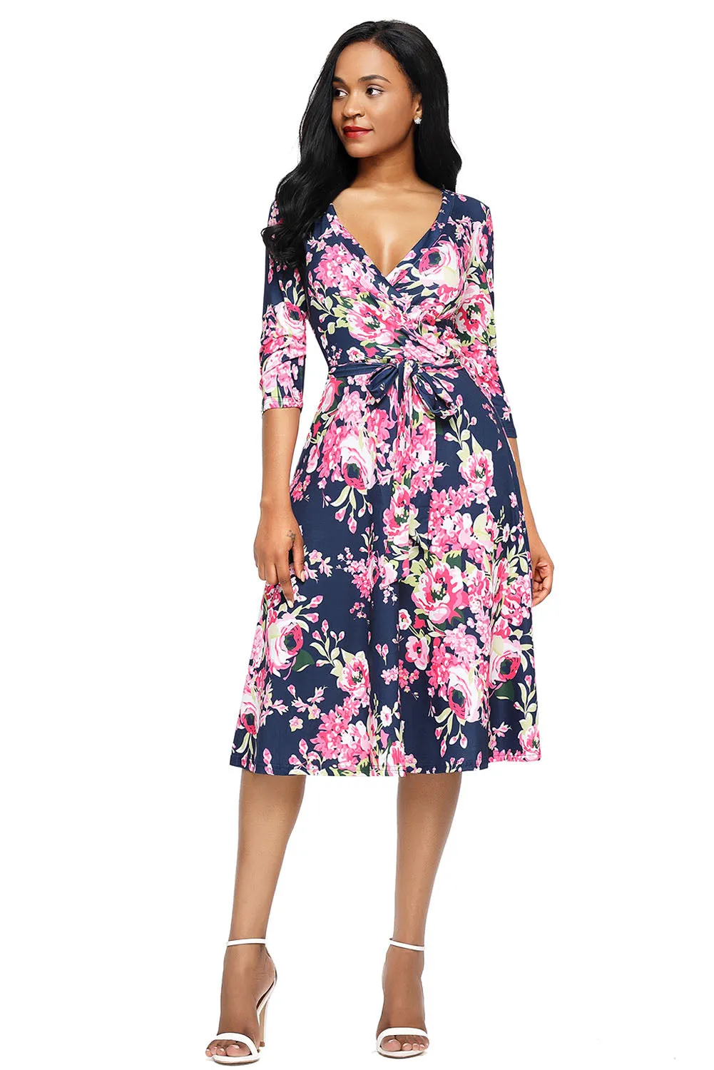 Rosy Blossom Print Navy Wrap Floral Dress