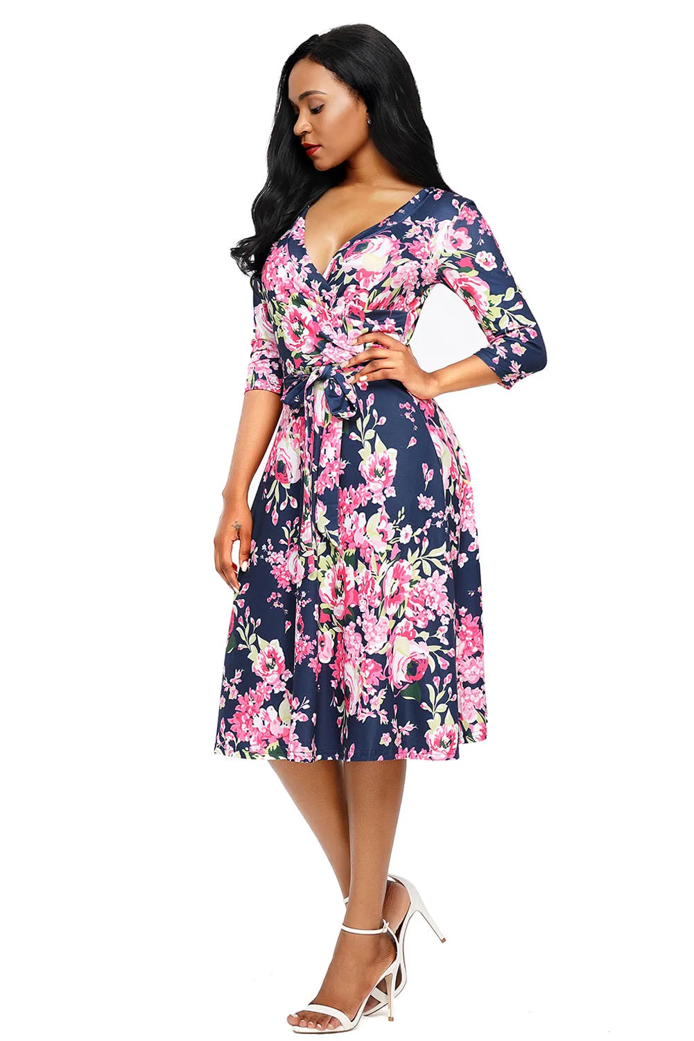 Rosy Blossom Print Navy Wrap Floral Dress