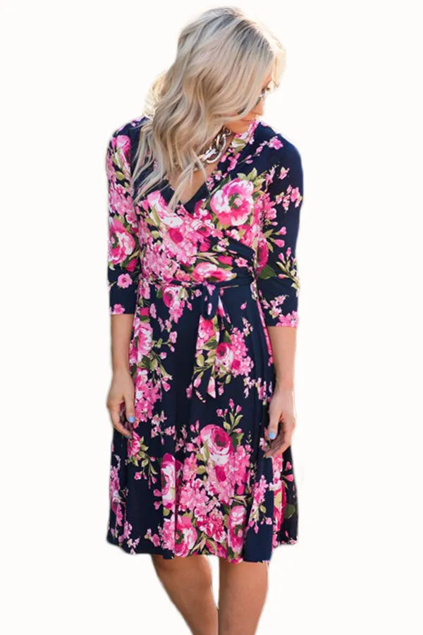 Rosy Blossom Print Navy Wrap Floral Dress