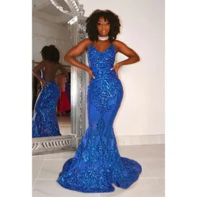 Sexy & HotMermaid Halter V-Neck Sleeveless Slit Sequins Evening Prom Dress