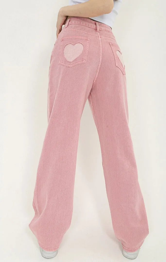 Sexy Sweet Girl Pink Heart Pastel High Waist Jeans Pants