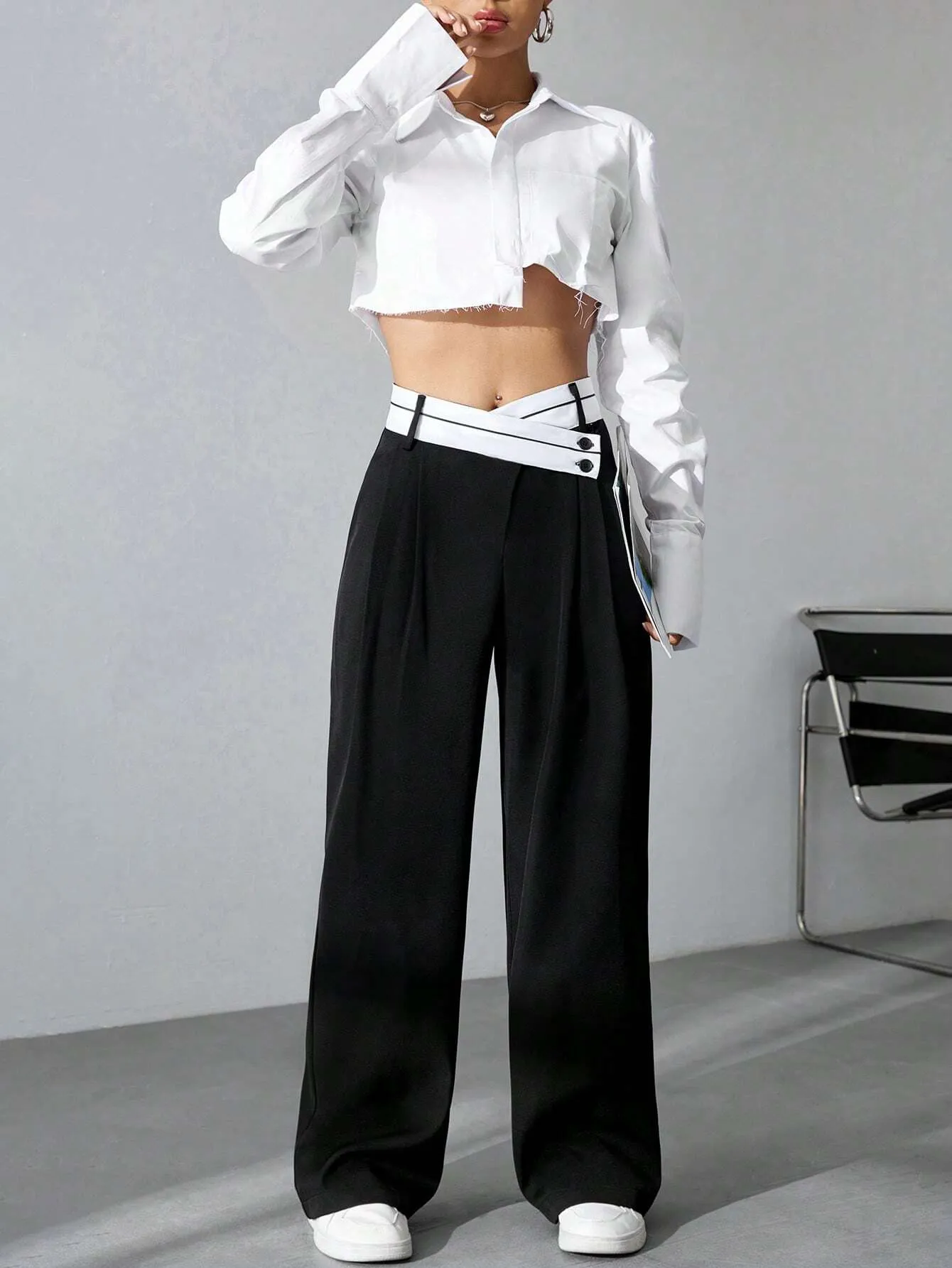SHEIN MOOSTA Women's Color Block Wide Leg Pants