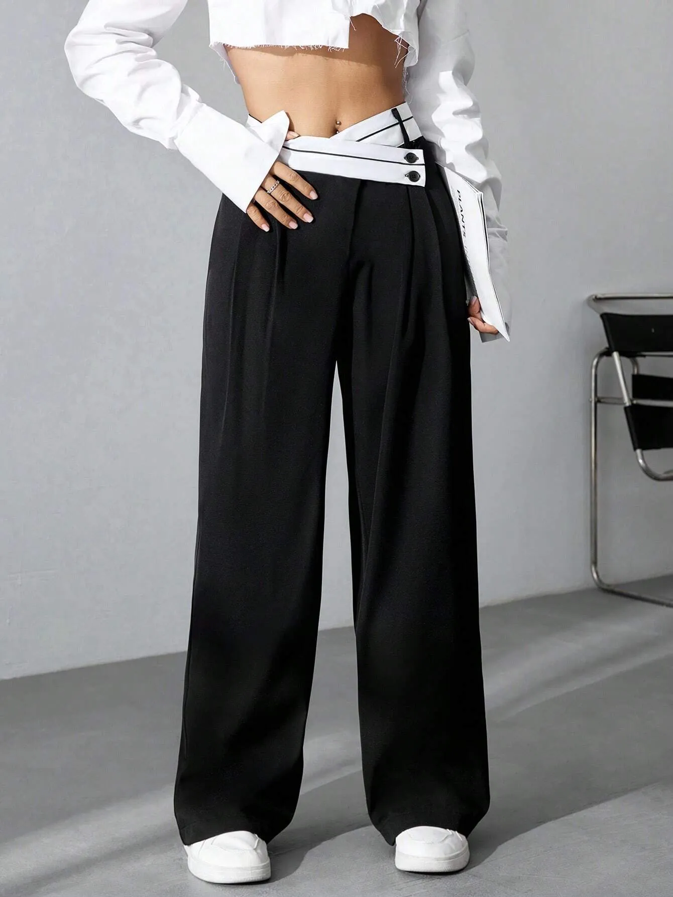 SHEIN MOOSTA Women's Color Block Wide Leg Pants