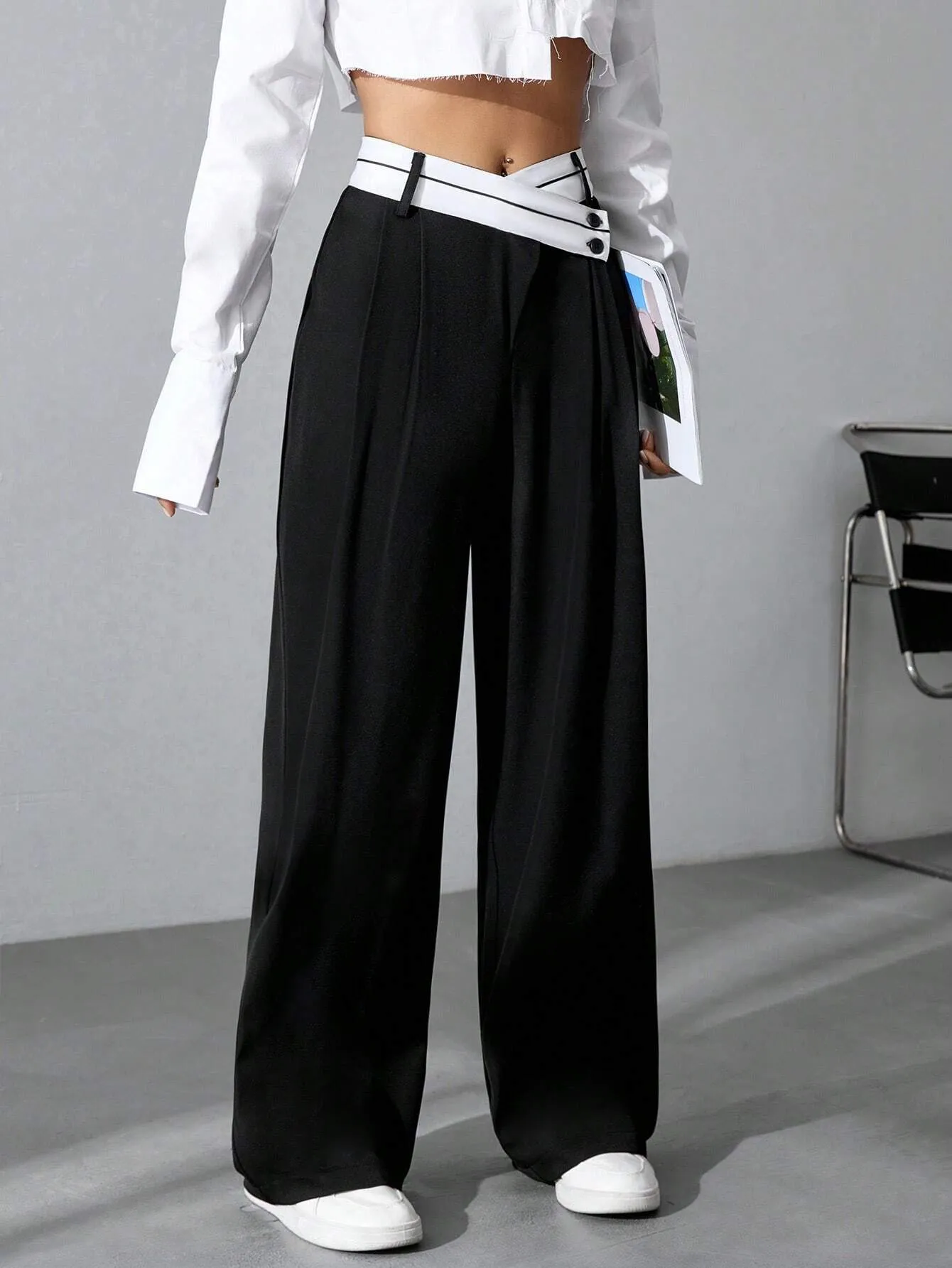 SHEIN MOOSTA Women's Color Block Wide Leg Pants