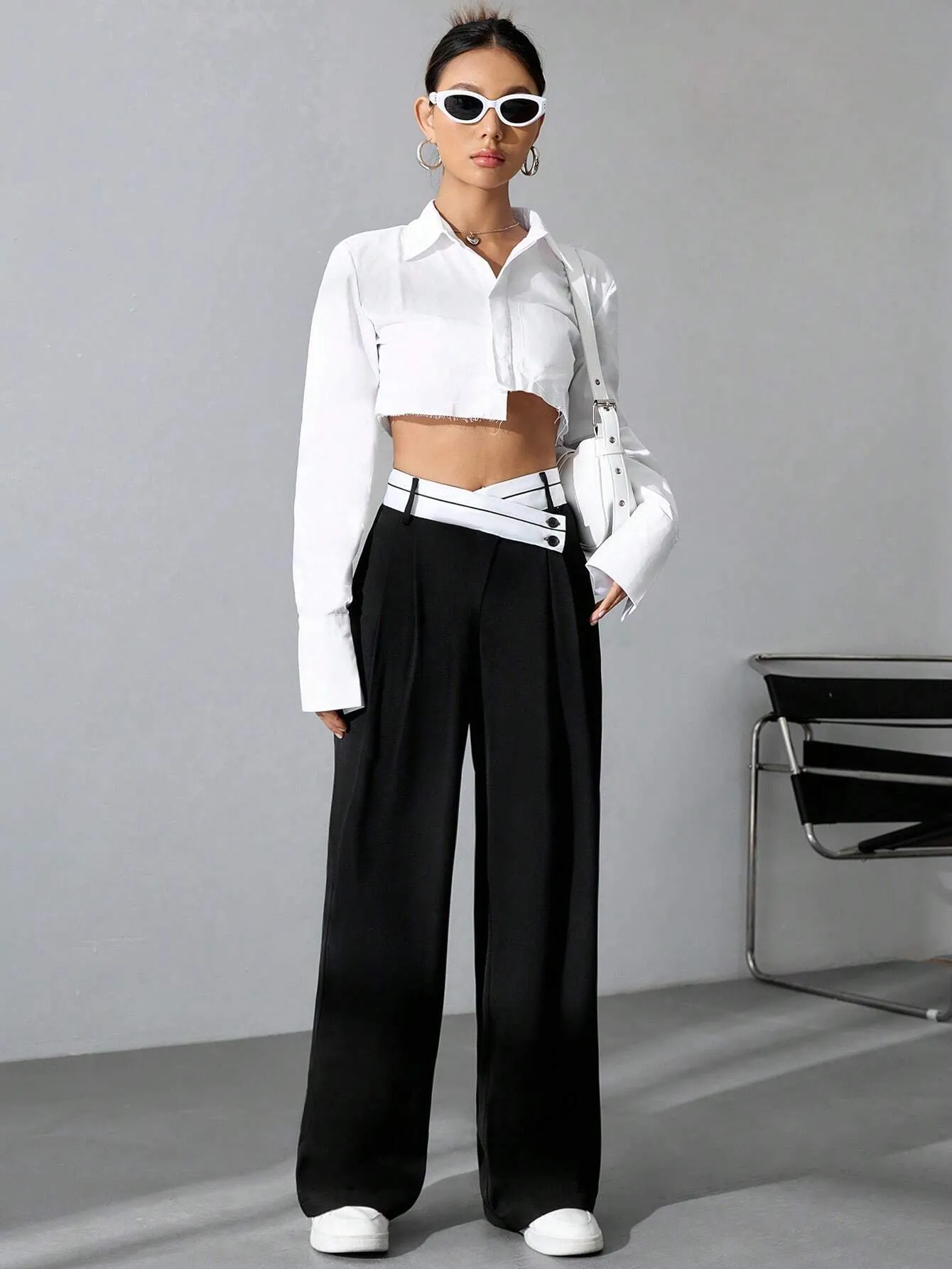 SHEIN MOOSTA Women's Color Block Wide Leg Pants