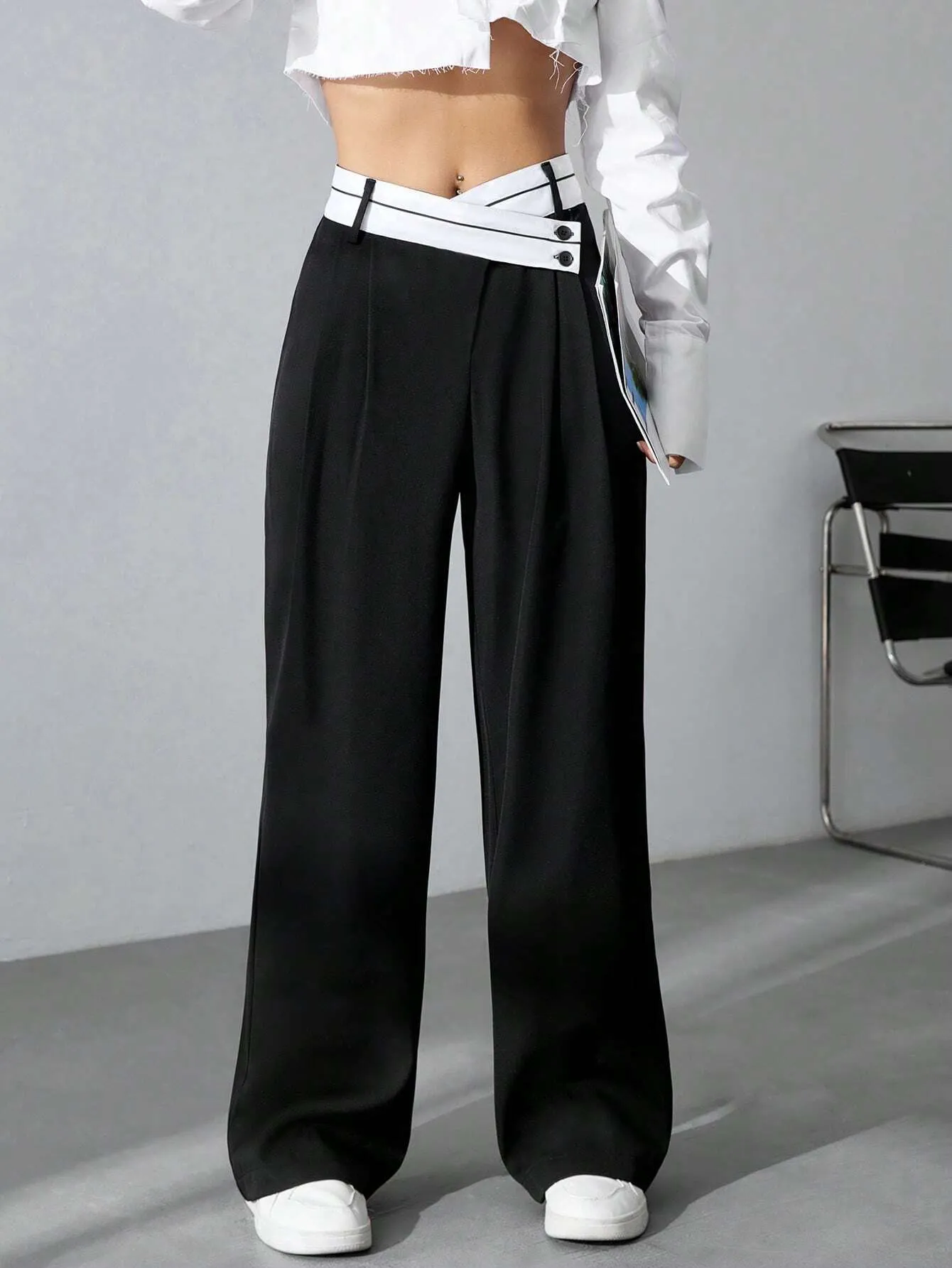 SHEIN MOOSTA Women's Color Block Wide Leg Pants