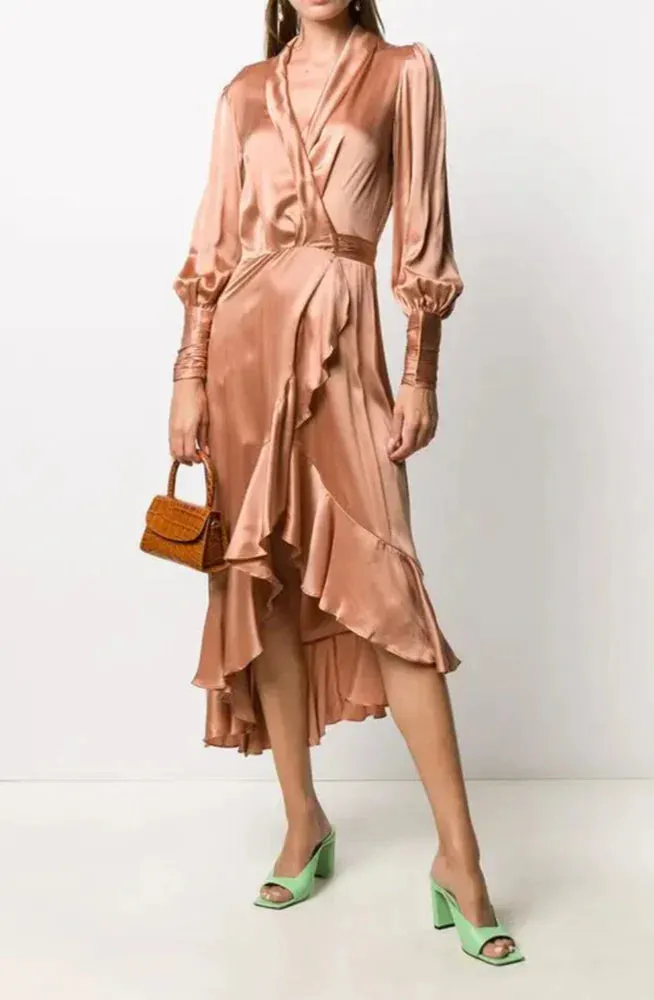 Silk Wrap Midi Dress (Biscuit)
