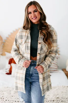 Social Occasions Plaid Button-Down Shacket (Almond)