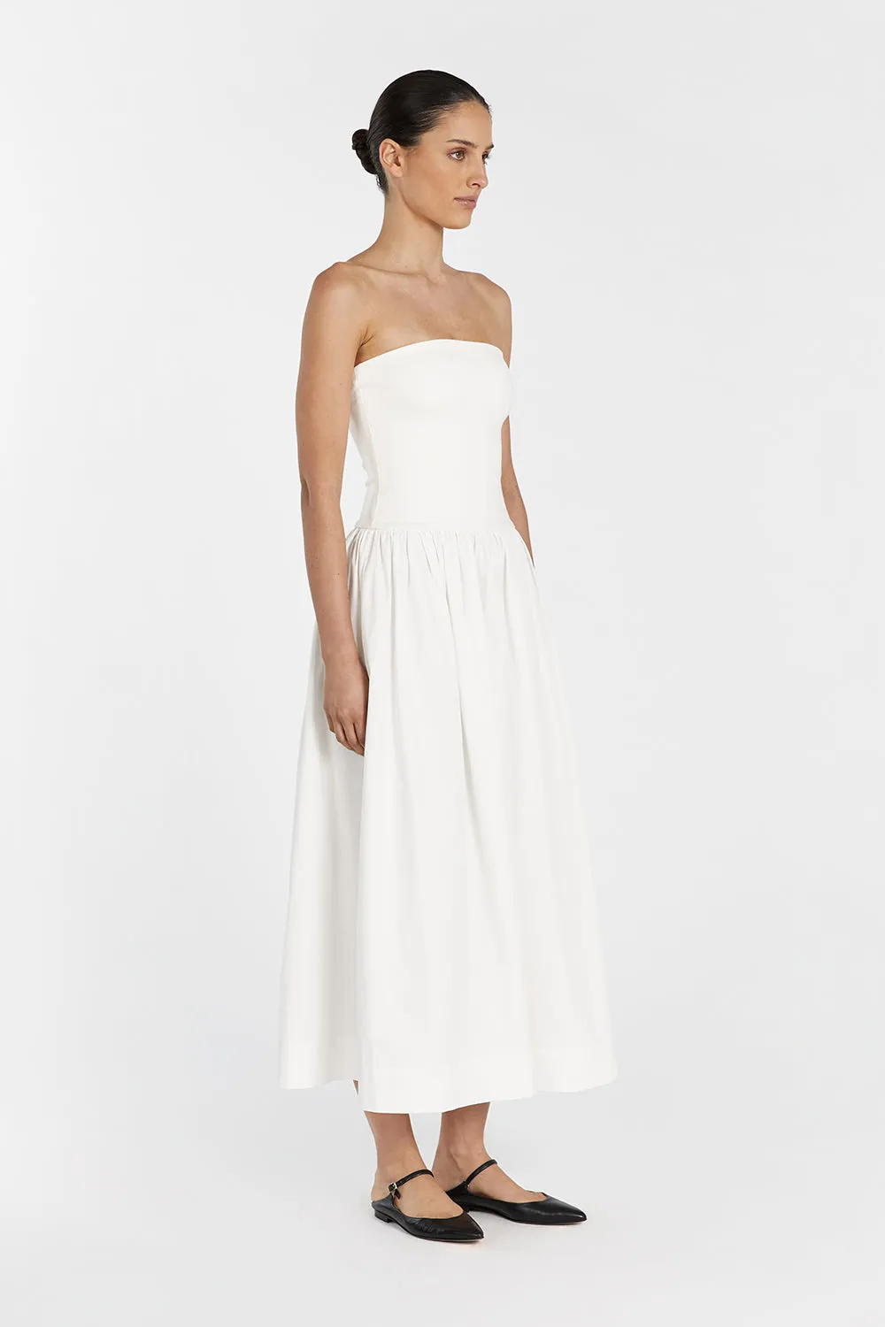 SOPHIE WHITE STRAPLESS MIDI DRESS