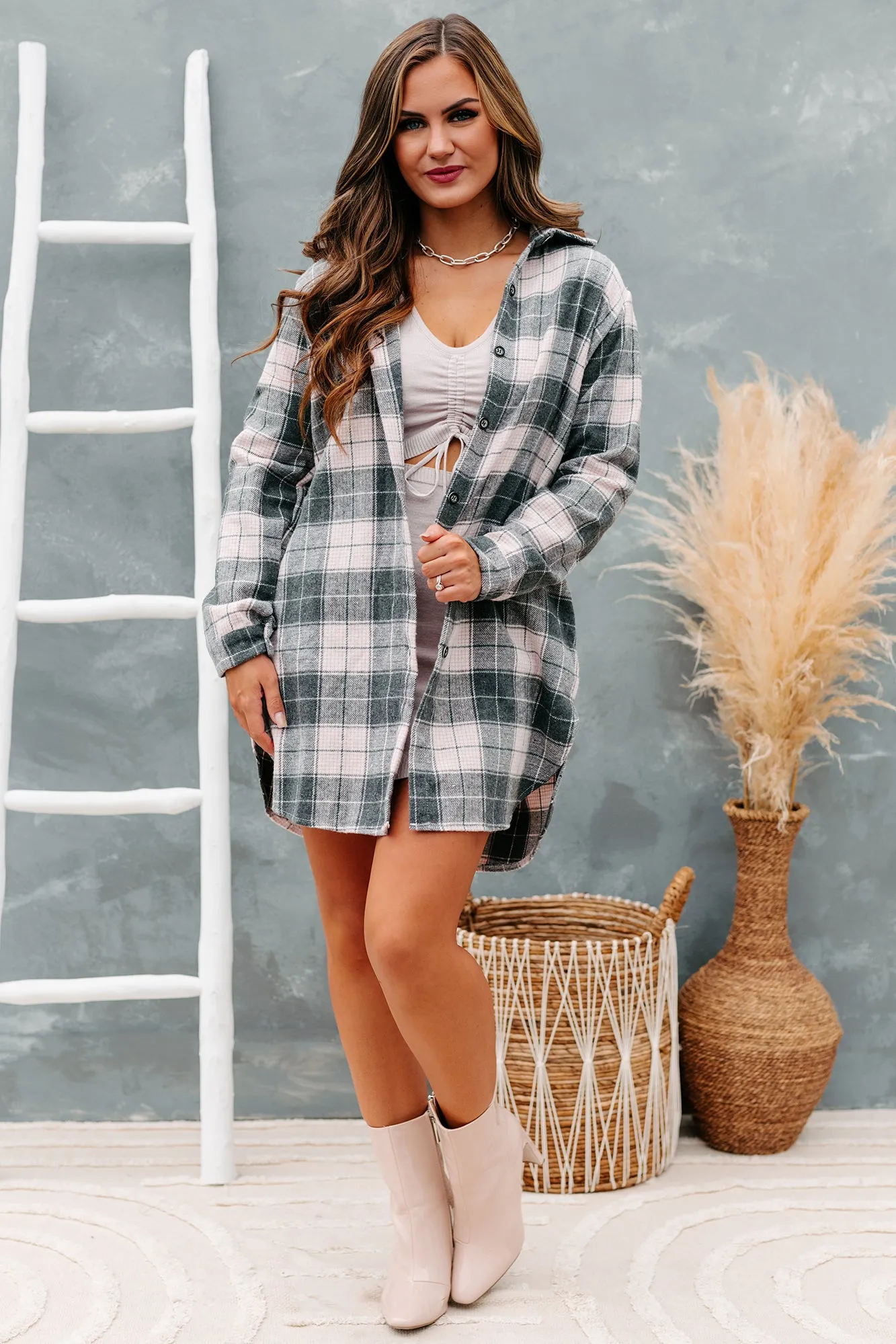 Talk To Me Nice Plaid Flannel Button-Front Shacket (Pink)