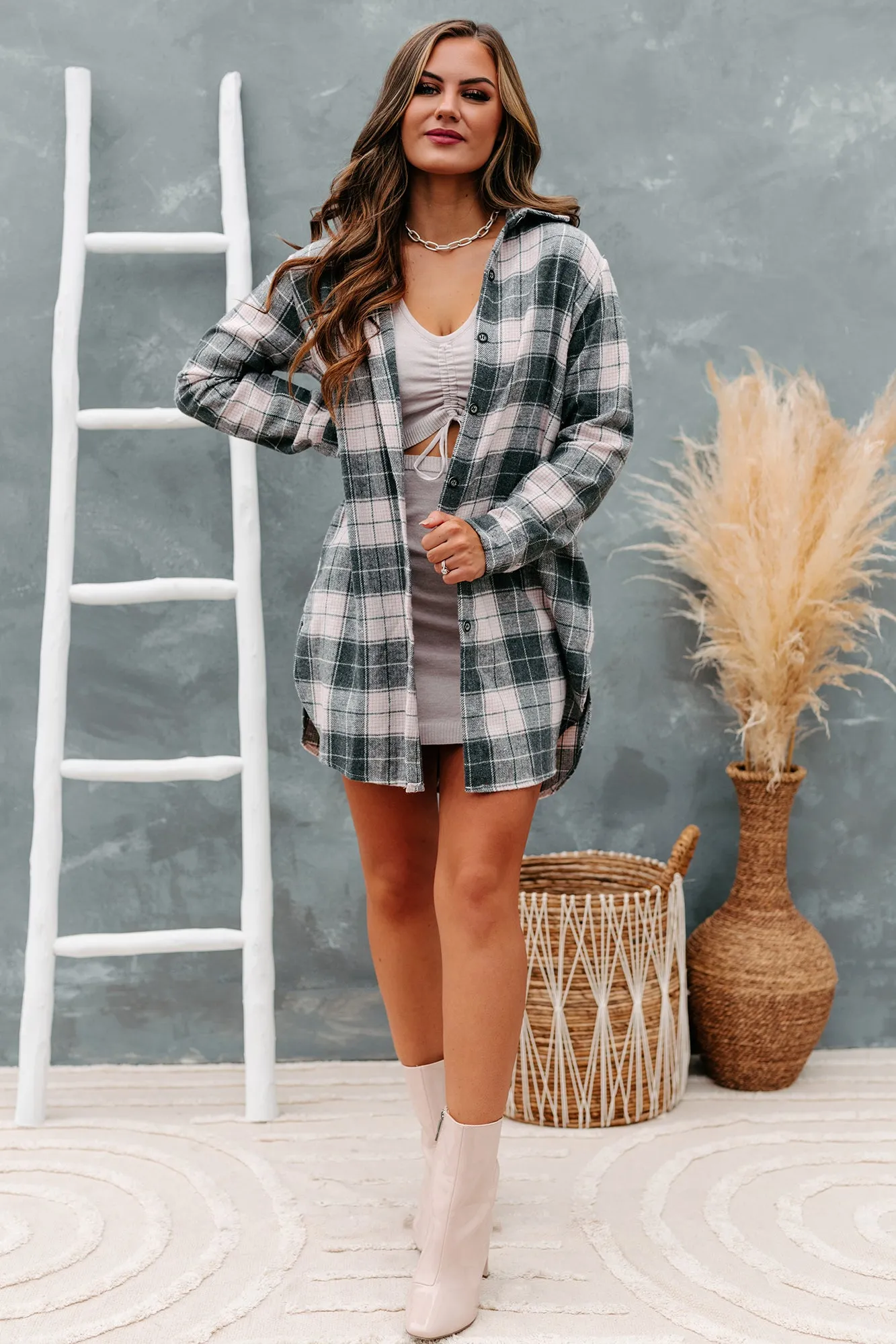 Talk To Me Nice Plaid Flannel Button-Front Shacket (Pink)