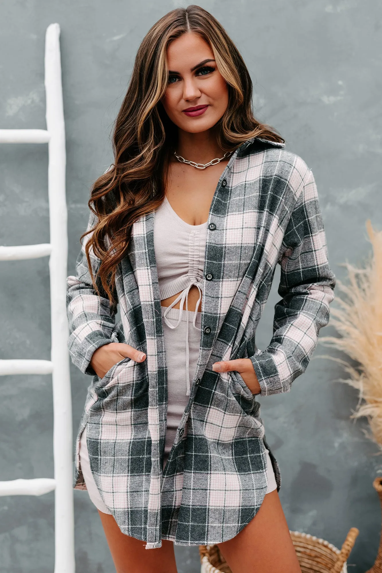 Talk To Me Nice Plaid Flannel Button-Front Shacket (Pink)