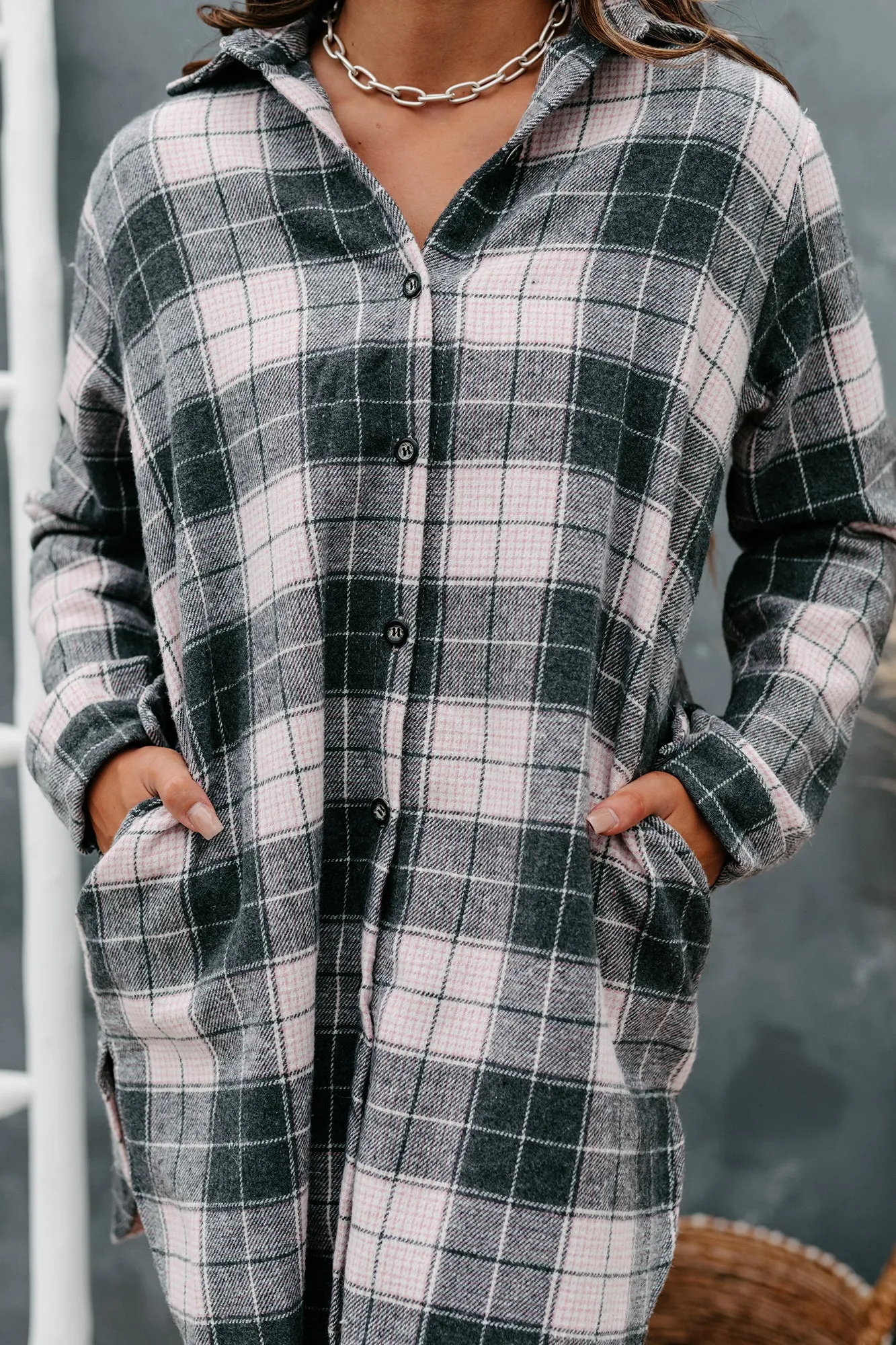 Talk To Me Nice Plaid Flannel Button-Front Shacket (Pink)