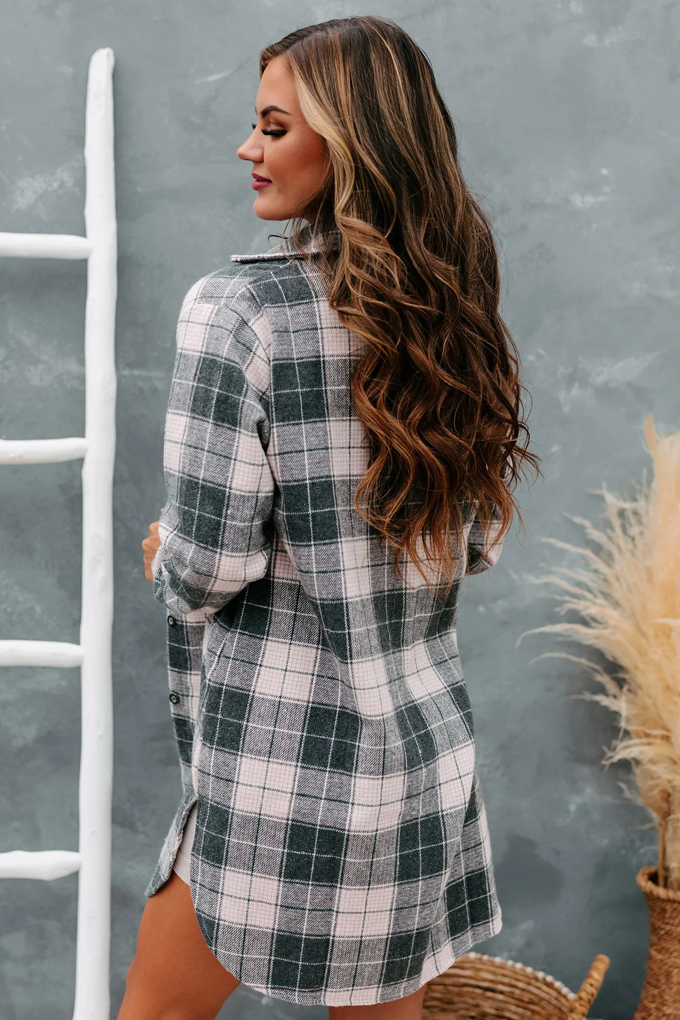 Talk To Me Nice Plaid Flannel Button-Front Shacket (Pink)