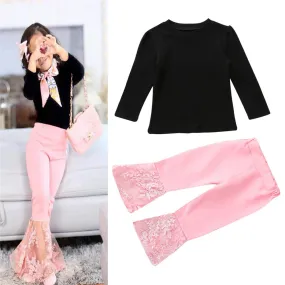 Toddler Girl Long Sleeve Solid Top & Lace Flared Pants Girl Wholesale