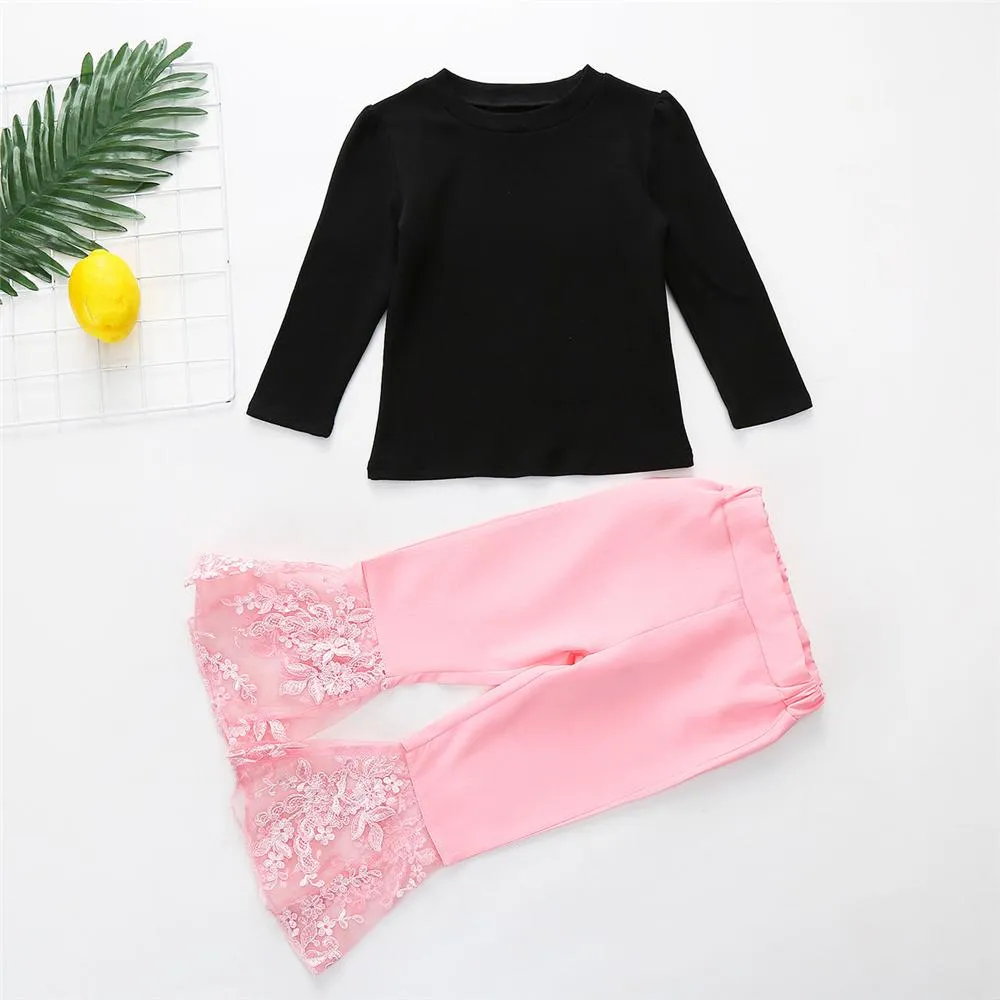 Toddler Girl Long Sleeve Solid Top & Lace Flared Pants Girl Wholesale