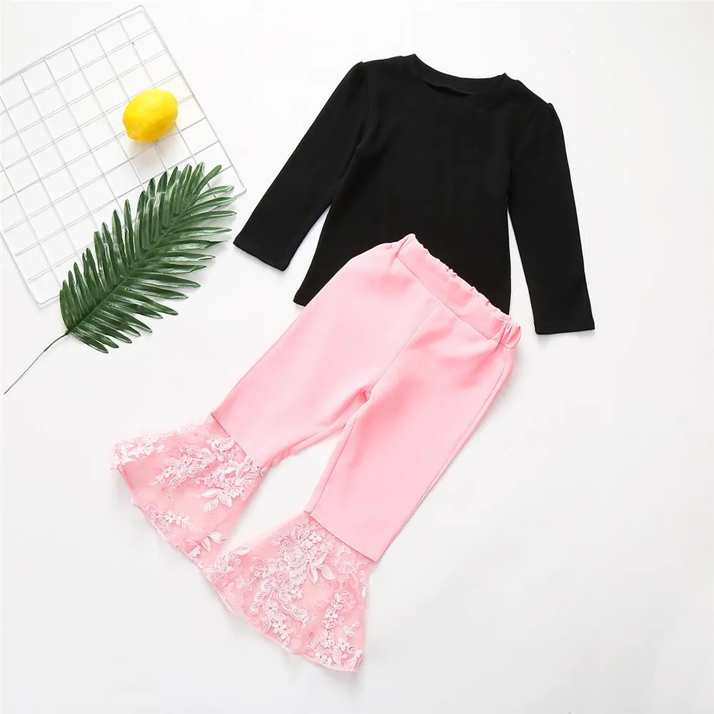 Toddler Girl Long Sleeve Solid Top & Lace Flared Pants Girl Wholesale