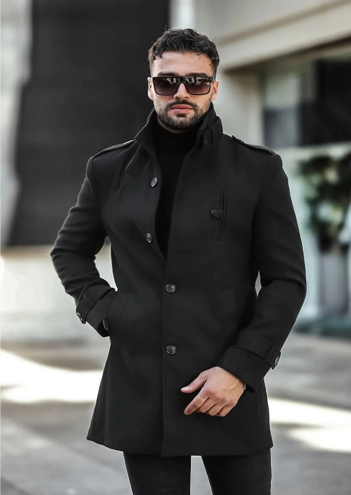 [Tommy] Black Single-Breasted Pea Coat 100% Wool
