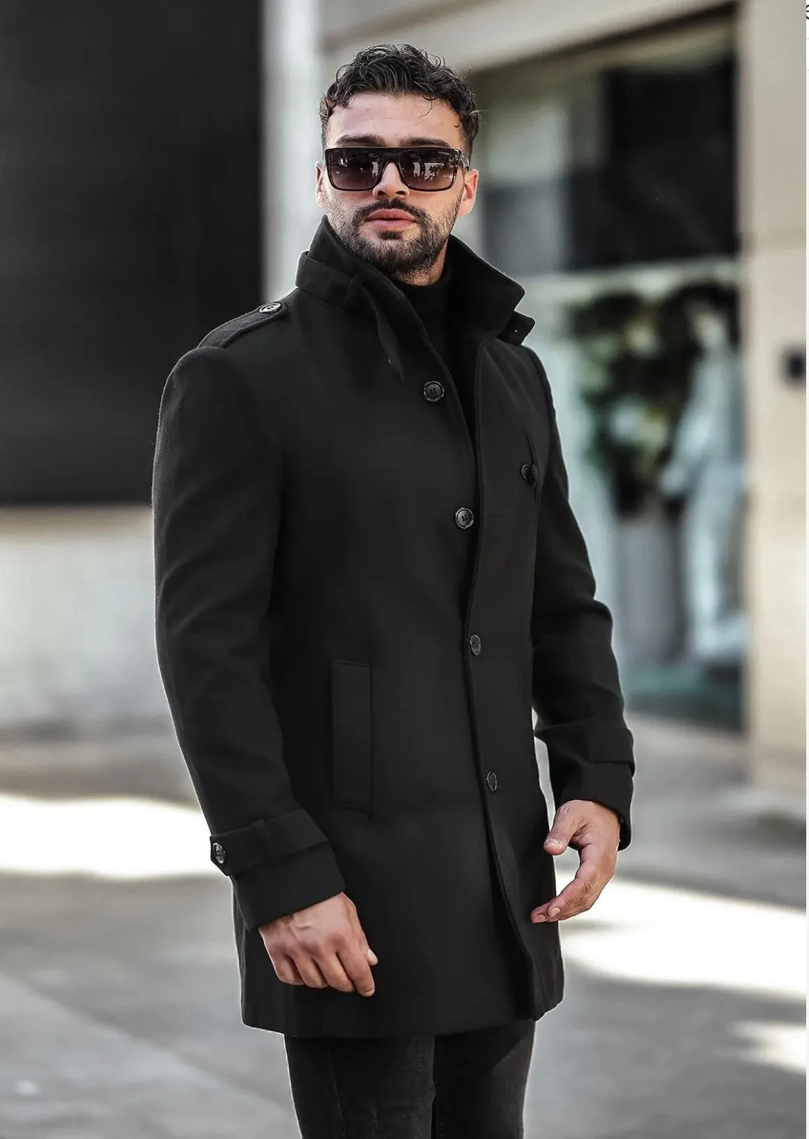 [Tommy] Black Single-Breasted Pea Coat 100% Wool