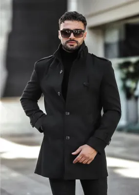 [Tommy] Black Single-Breasted Pea Coat 100% Wool