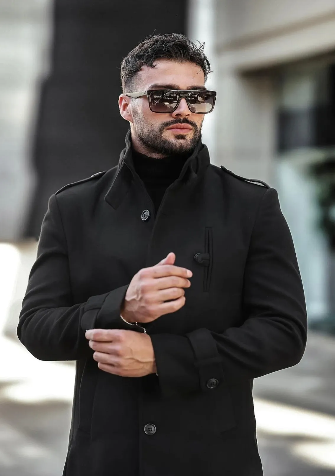 [Tommy] Black Single-Breasted Pea Coat 100% Wool
