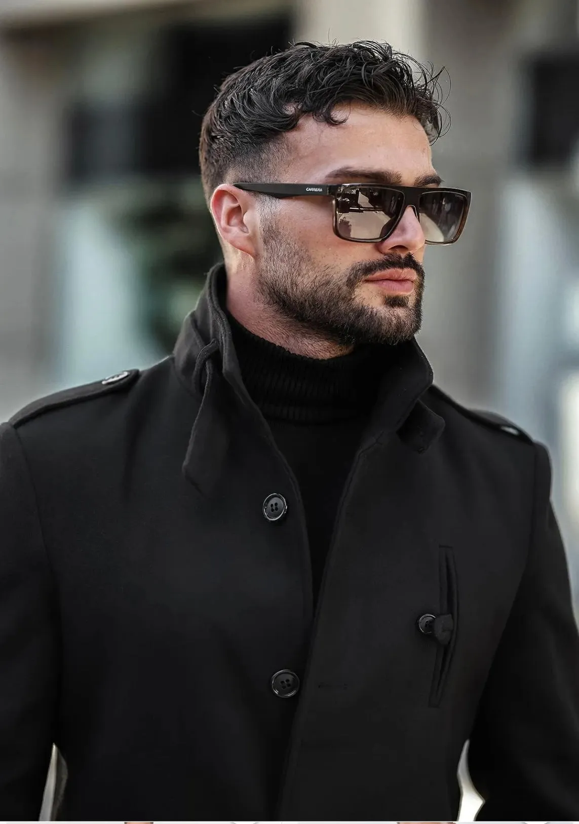 [Tommy] Black Single-Breasted Pea Coat 100% Wool