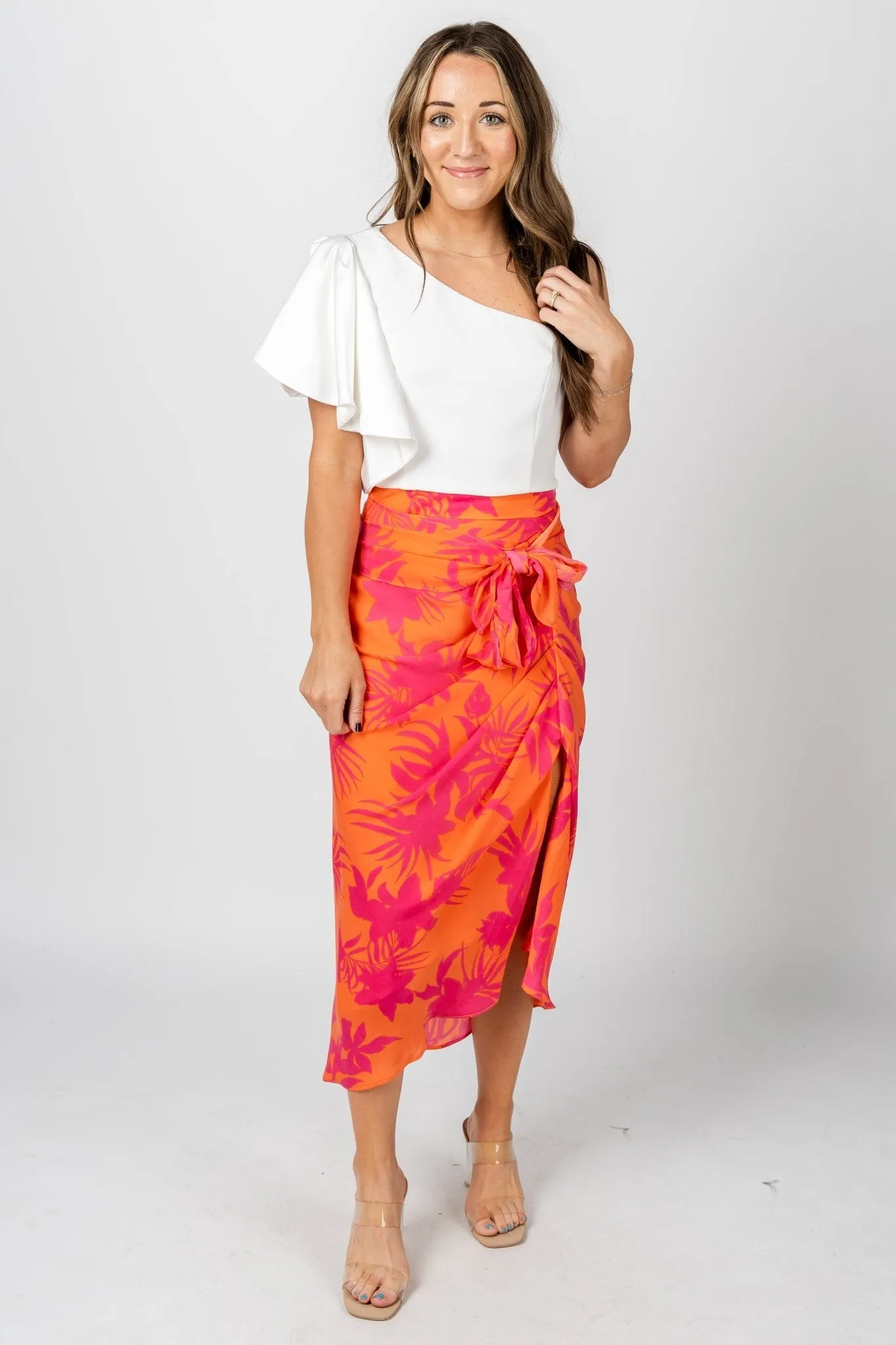 Tropical front tie midi skirt papaya