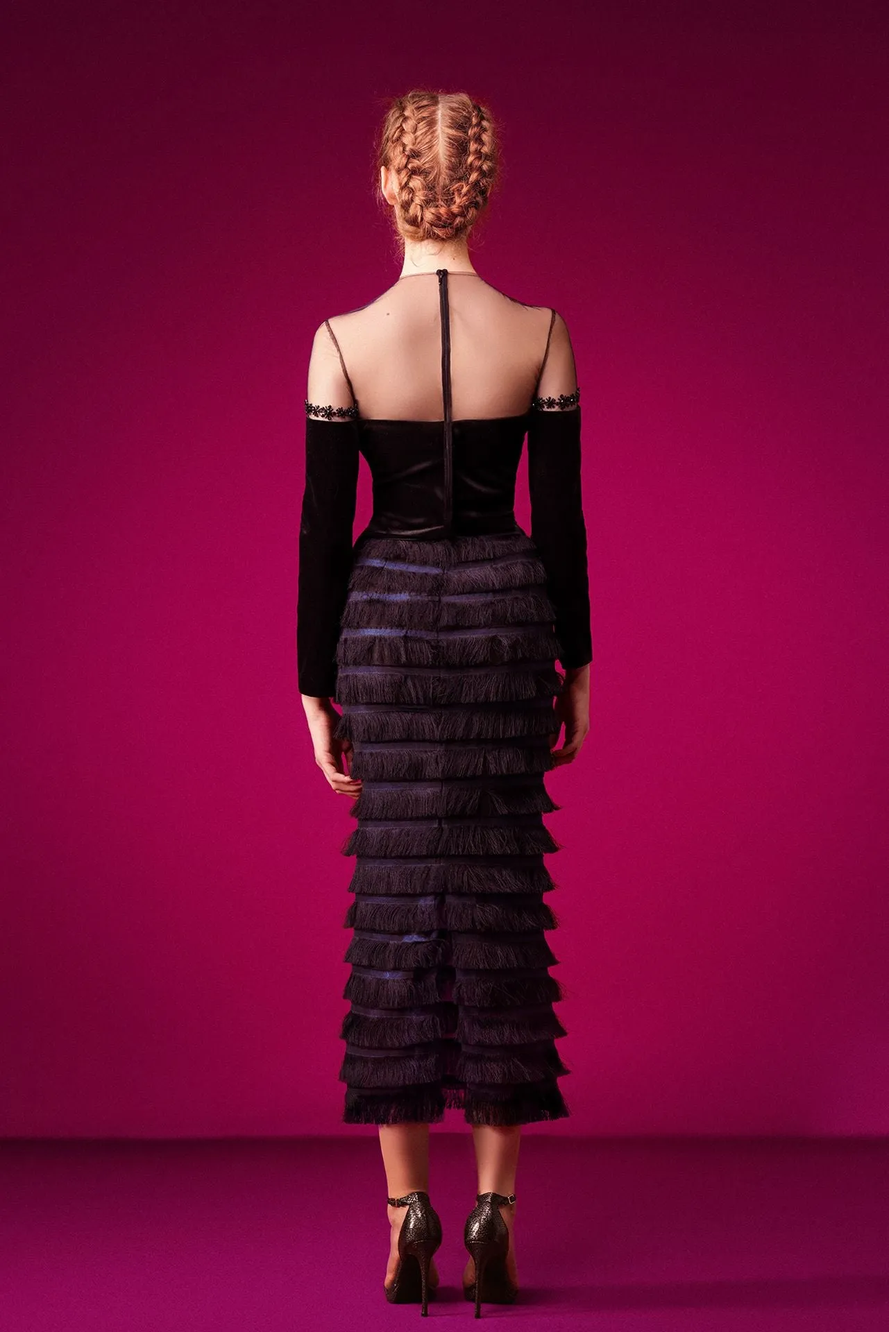 Velvet Long-Sleeved Ruffled Midi Dress