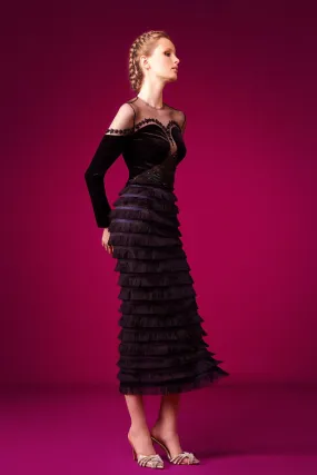 Velvet Long-Sleeved Ruffled Midi Dress