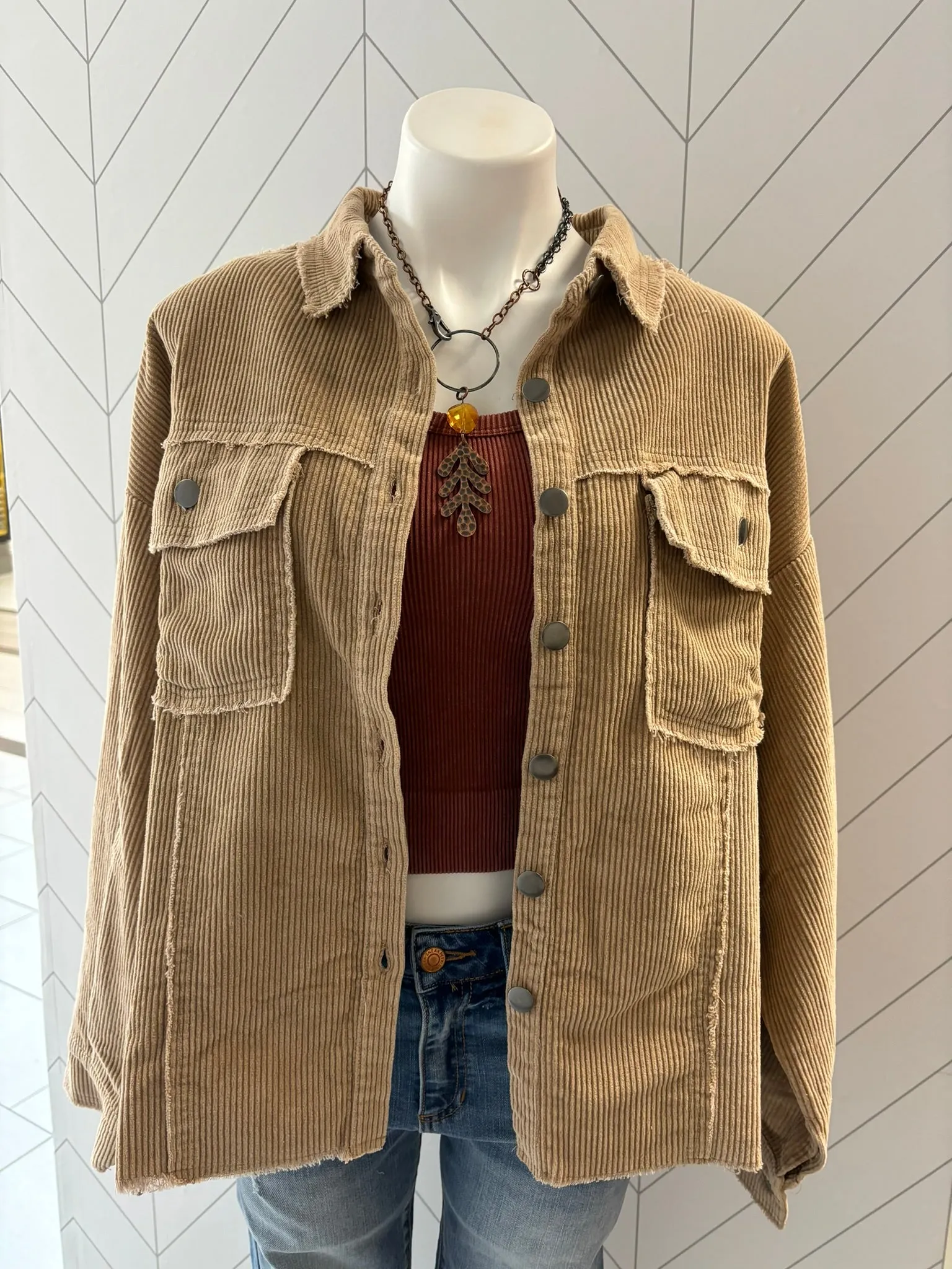 Washed Corduroy Frayed Shacket