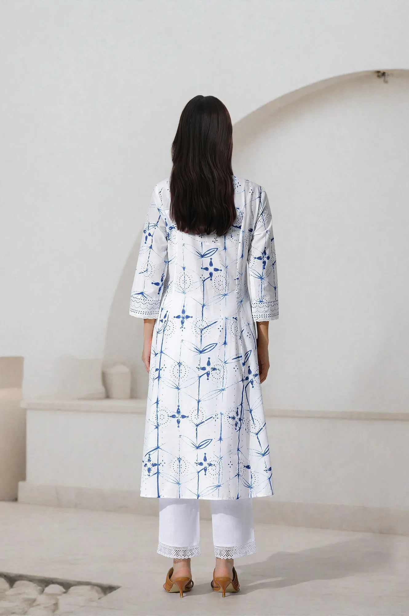 White Printed A-Line Cotton Kurta And Pants Set