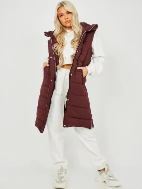 Wine Longline Padded Puffer Hooded Waistcoat Gilet