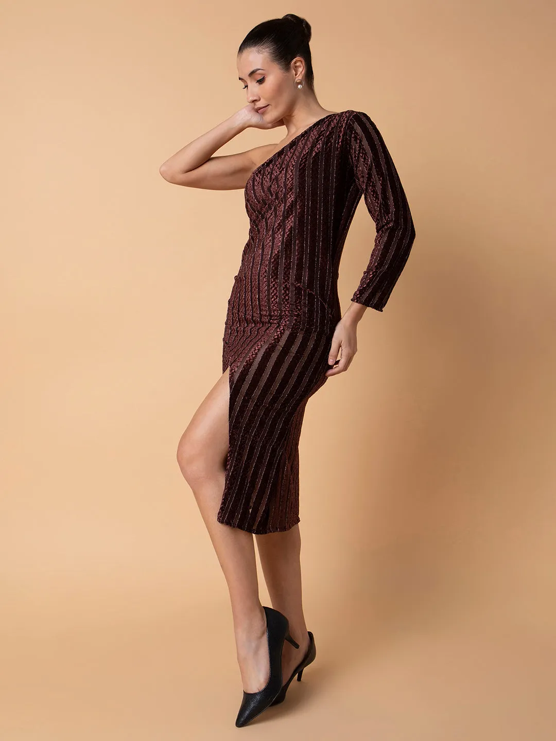 Women Striped Brown Midi Wrap Dress
