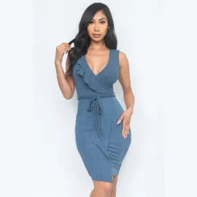 Women's Solid Blue Mock Wrap Midi Dress